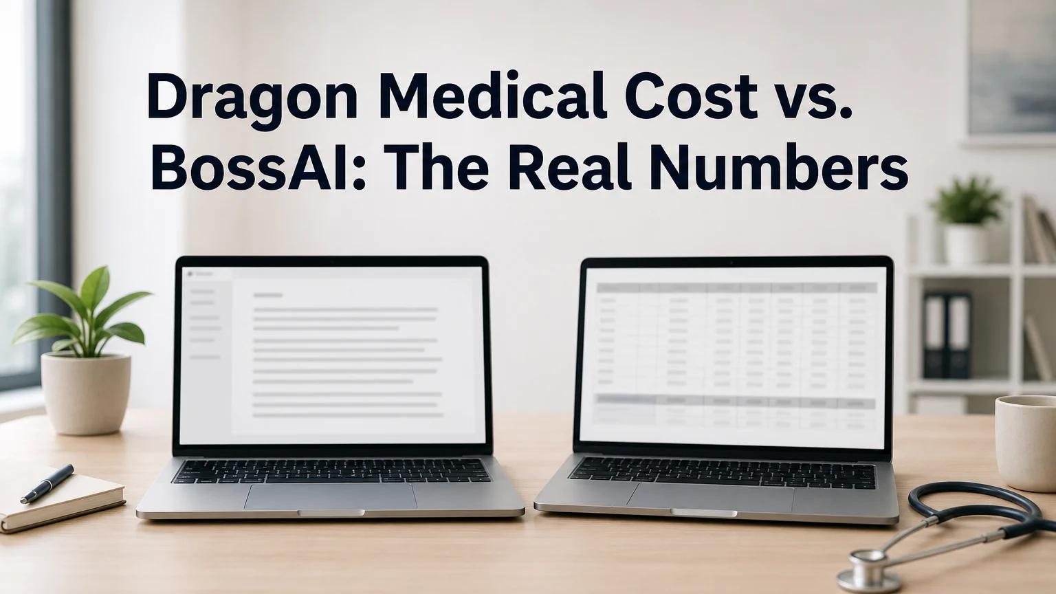 BossAI dragon medical cost comparison shown on two laptops with a transcription window and a cost table