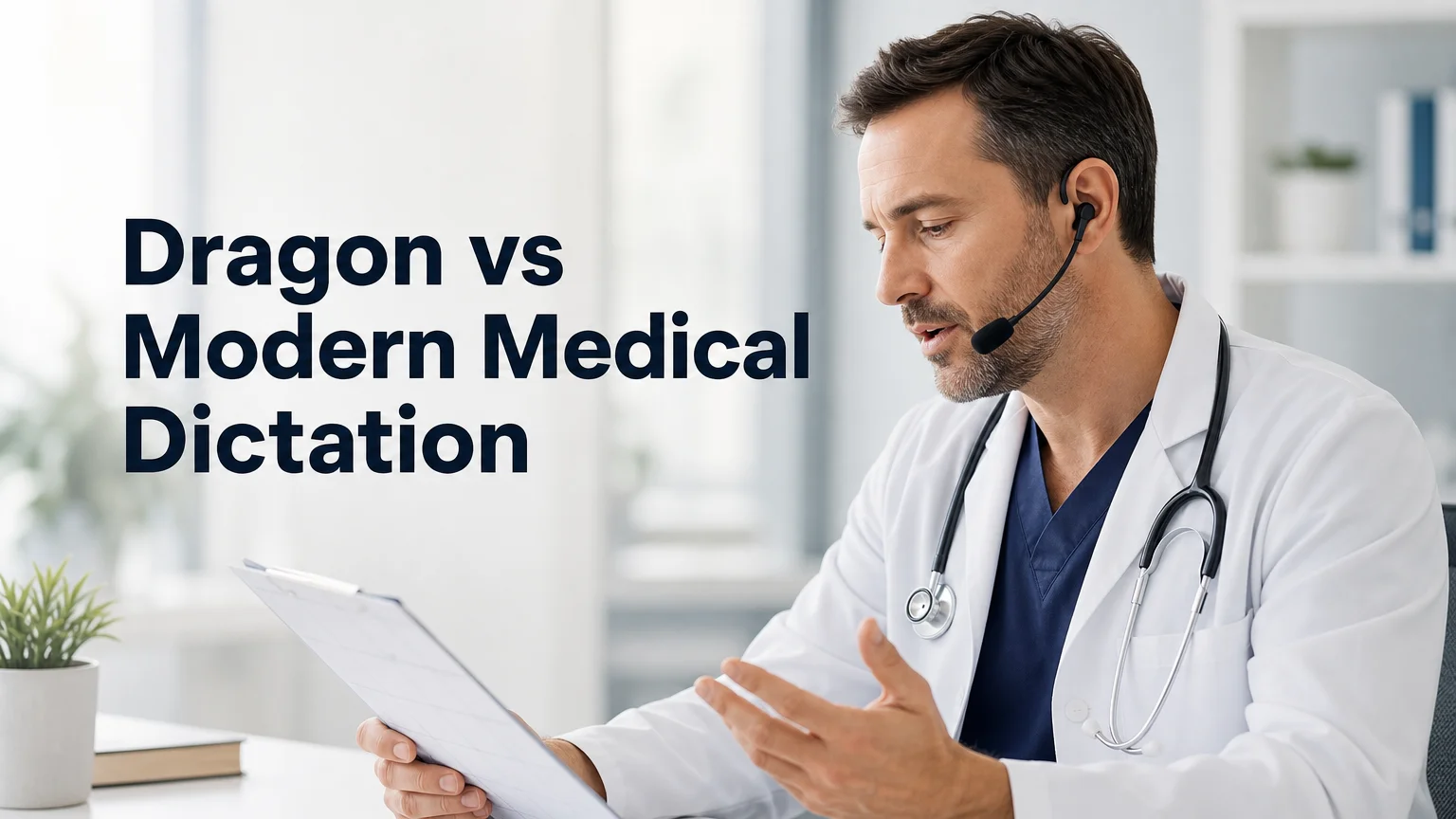 BossAI dragon voice to text medical comparison showing a doctor dictating hands-free into a headset microphone